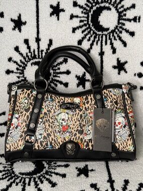 NWT Ed Hardy Tan All-Over Cheetah & Graphic Print Handbag with Crossbody Strap